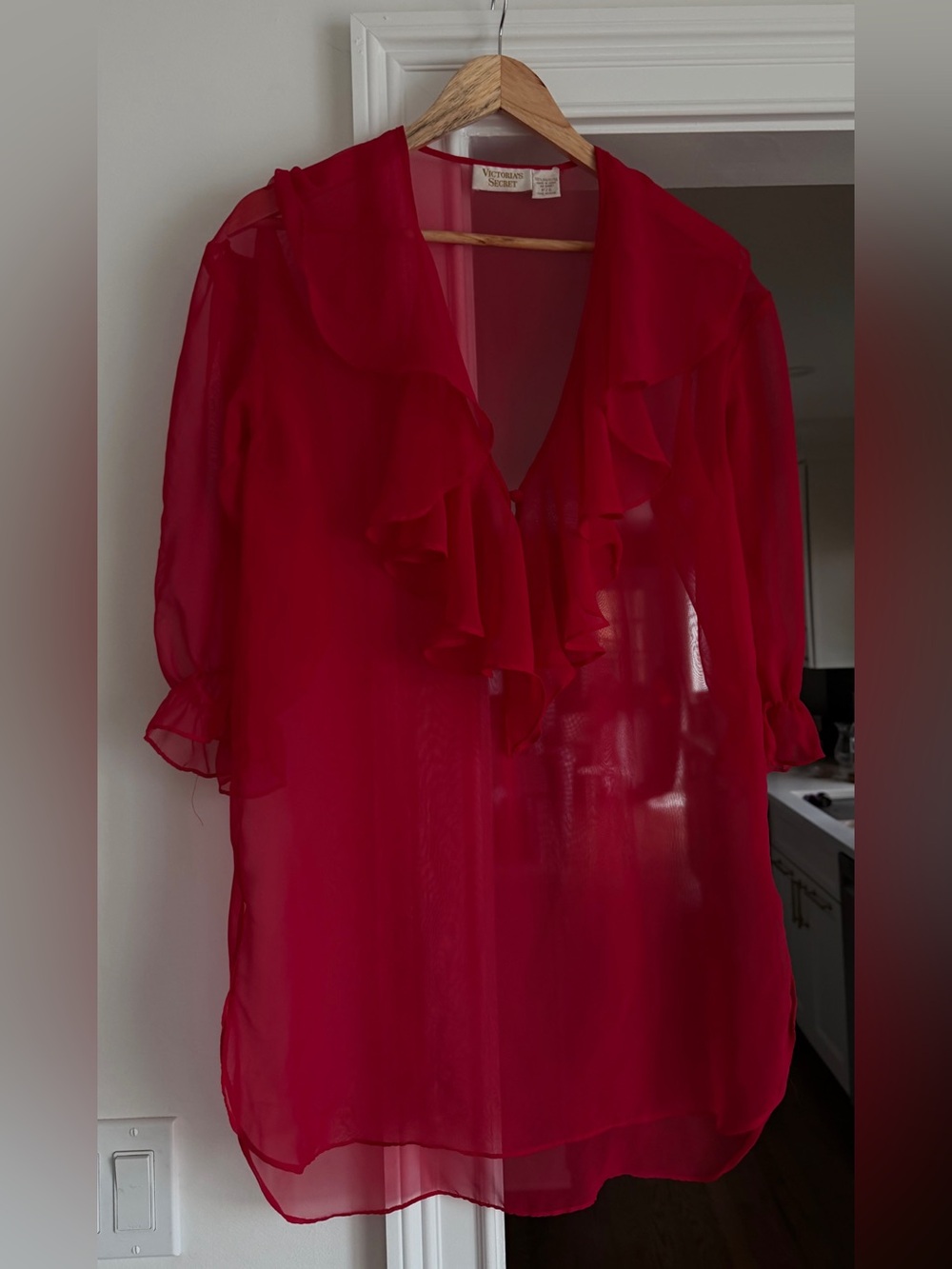 Vintage Y2K Victorias Secret Red Nightgown Sheer Lace Small Ruffle Collar
